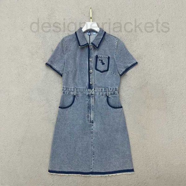 

basic & casual dresses designer summer new commuter style simple fashion contrast color panel design pocket letter denim dress iwtp, Black;gray