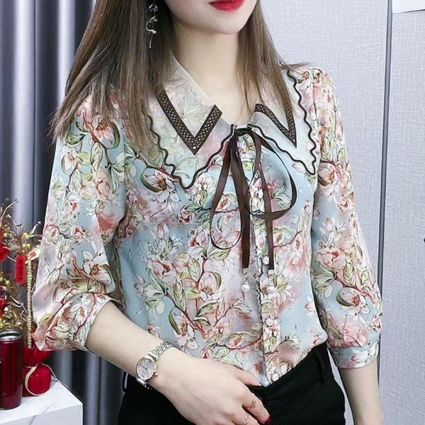 

polos new summer chiffon shirt women's sevensleeve korean loose slim fashion womens and blouses 5xl, White
