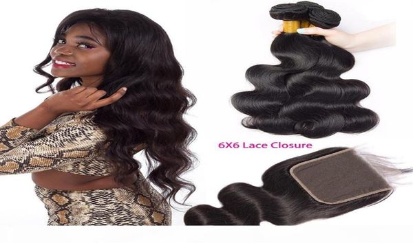 

indian human hair bundles with 6x6 lace closure middle three part body wave hair wefts with 66 closure natural color body wa7337623, Black;brown