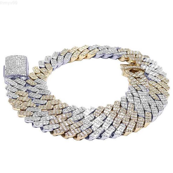 

two-color heavy 925 sterling silver gold plated necklace hand setting emerald cut 52ct iced out moissanite cuban link chain