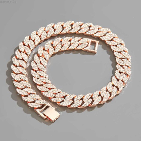 

wholesale 15mm rose gold plating cuban chain necklace jewelry iced out rhinestone zinc alloy miami cuban chain, Silver