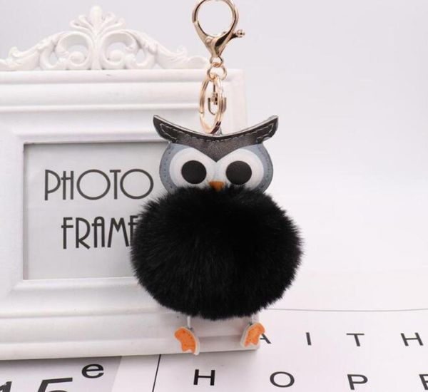 

cute pompom owl keychain plush keyring rabbit fur ball pompon fluffy leather cartoon key ring accessories jewelry5164036, Silver