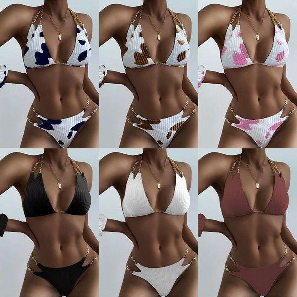 

printed split swimsuit womens three point chain bikini wholesale, White;black