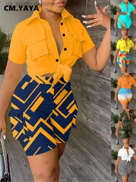 

cm.yaya fashion safari women 2 piece set outfits short sleeve shirt and pocket side shorts matching set 2023 street tracksuit l230522, White;black