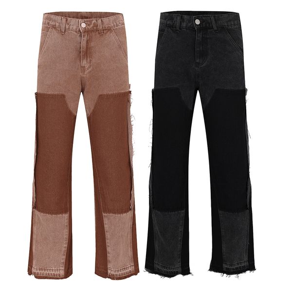 

match patchwork straight baggy men's cargos pocket streetwear loose casual jeans oversized denim trousers, Black;brown