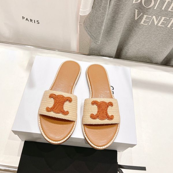 

lympia flat slides slippers leather insole raffia sandals triomphe embossed open toe luxury designer for women holiday flats sandals factory, Black