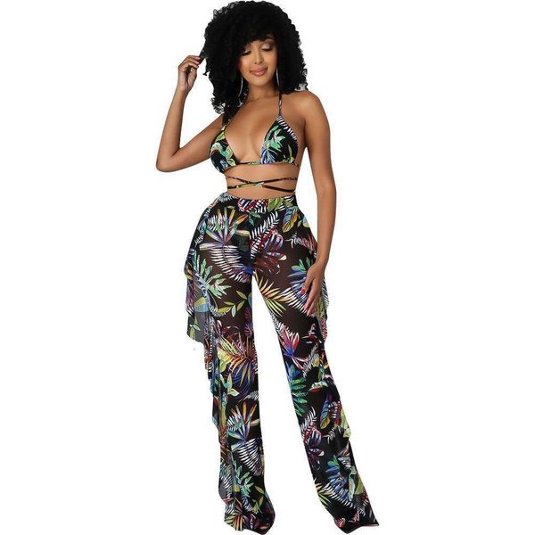 

women clothing digital printing swimsuit mesh three piece set, White;black