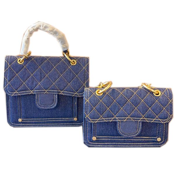 

19/22cm 23s vintage denim designer messenger flap bag gold metal hardware matelasse chain women cross body shoulder handbag luxury quilted p