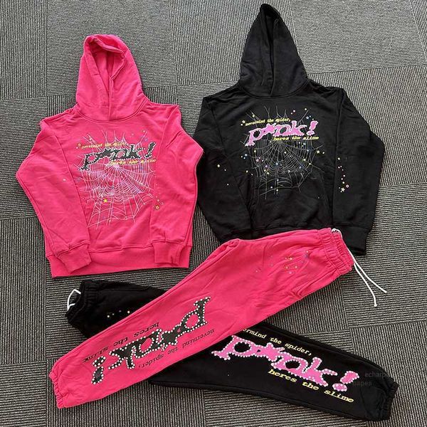 

men's hoodies sweatshirts chillreps pink sp5der 555555 hoodie men women puff print spider web graphic hip hop sweatshirts pullovers, Black