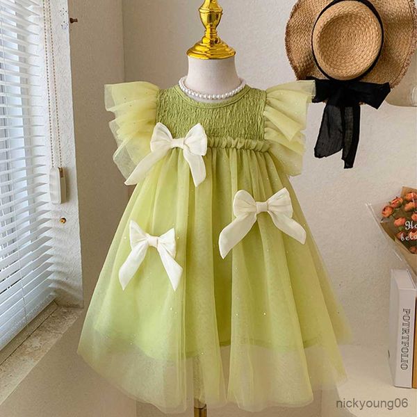 

girl's dresses girls casual new wedding party bow mesh children summer princess dress flying sleeve design kids clothes r230612, Red;yellow