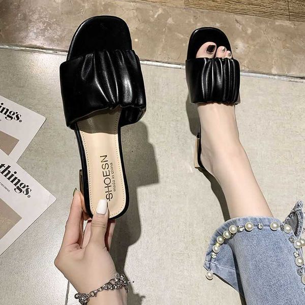 

sandals women's slippers wearing fashion ne middle heel outside new summer versatile thick, Black