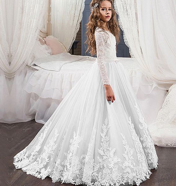 

elegant lace jewel neck long sleeves flower girl dress for wedding first communion white ivory vestidos de festa5346068, White;red