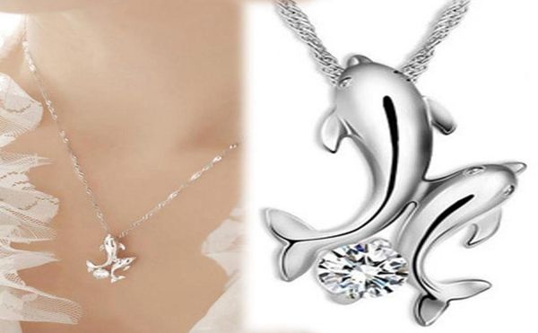 

pendant necklaces cute dolphin necklace 925 silver double dolphin rhinestone short chain pendant necklace women fashion jewelry pi1836868