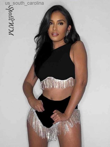 

women fashion hem tassels triangle shorts sets o neck sleeveless cropped shorts suit 2023 elegant party club outfits l230522, White;black