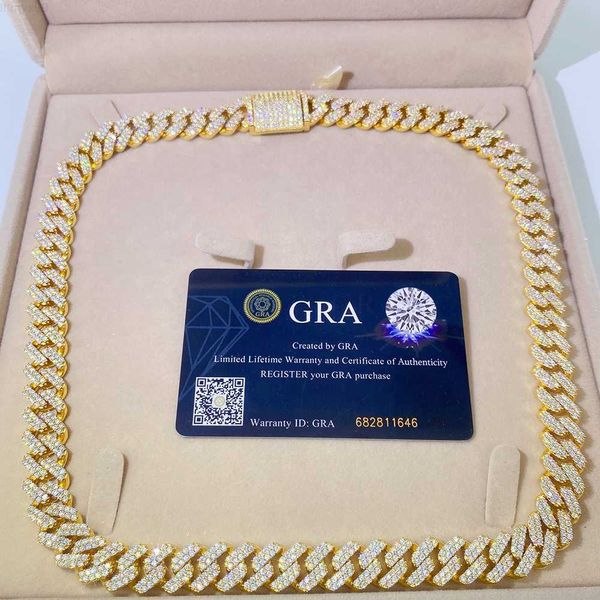 

fine jewelry hip hop 2 rows stones vvs moissanite 13mm cuban chain necklace men choker cuban moissanite chain, Silver