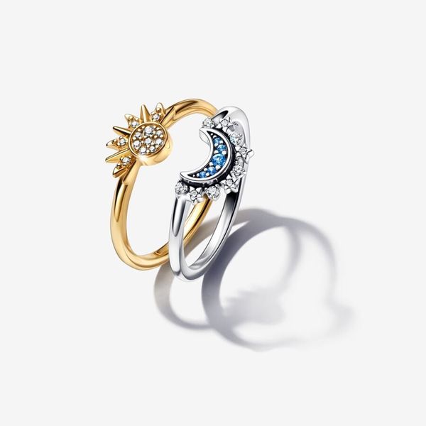 

2023 new 925 sterling silver wedding rings for women diy fit pandora celestial sparkling sun & moon ring set fashion girl valentine day desi, Slivery;golden