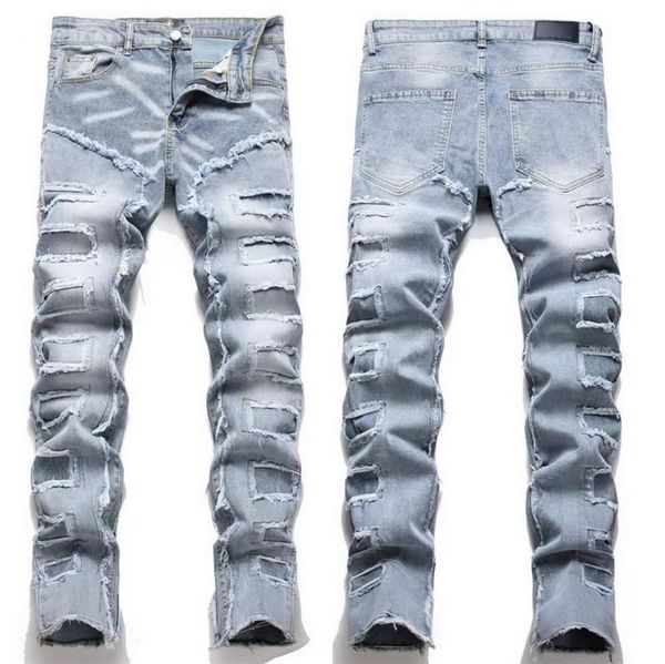 

men's jeans punk style light blue hole patch slim-straight
