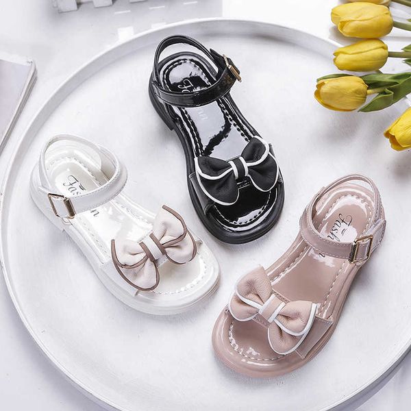

girls' simple bow version classic 2023 summer new square button glossy children's fashion sandals solid color korean style pu g220, Black;red