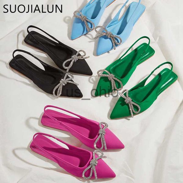 

sandals suojialun 2022 summer new fashion crystal bowknot women sandal flat heel pointed toe shallow slip on mules dress sandals slides j230, Black