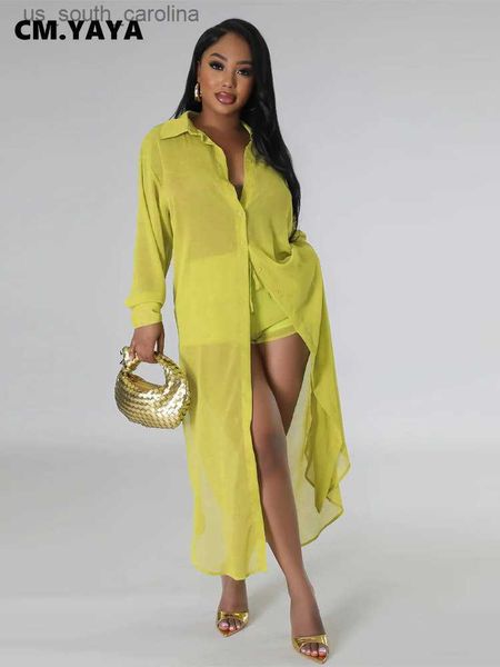 

cm.yaya fashion chiffon women's set long sleeve split side maxi shirt dress set and shorts 2023 two 2 piece set outfit tracksuit l23052, White;black