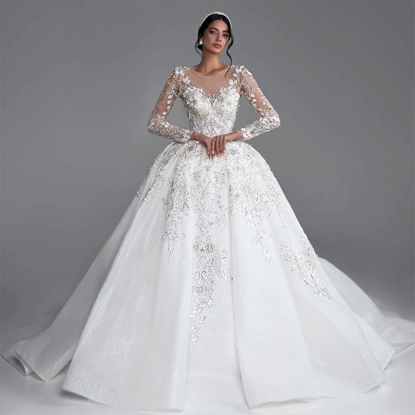 

luxurious crystal 3d flowers lace formal princess ball gown wedding dress with full sleeve sheer neck puffy wedding gown for bridal long tra, White