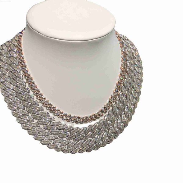 

15-20mm 925 custom vvs moissanite big hip hop mens rapper diamond chain pendant necklace set double row cuban link chain, Silver