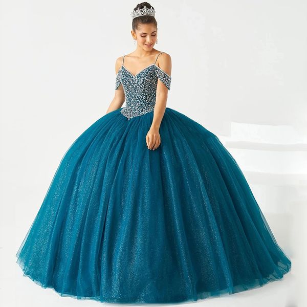 

glamorous beaded quinceanera dresses spaghetti strap turquoise sweet 15 prom gown glitter ball gown vestidos de 16 anos for birthday evening, Blue;red