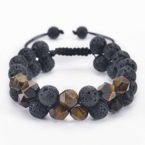 

10mm matte frosted stone lava tiger eye beaded adjustable bracelet faceted gemstone double layer men's bracelets, Black