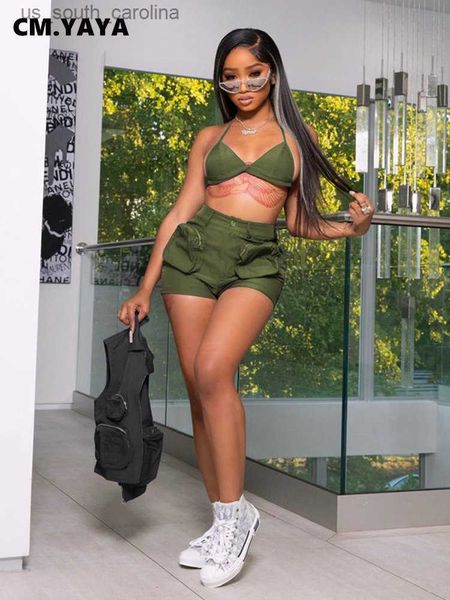 

cm.yaya fashion women's set halter bra crop and safari shorts suit 2023 active cargo ins two 2 piece set outfit tracksuit l230522, White;black