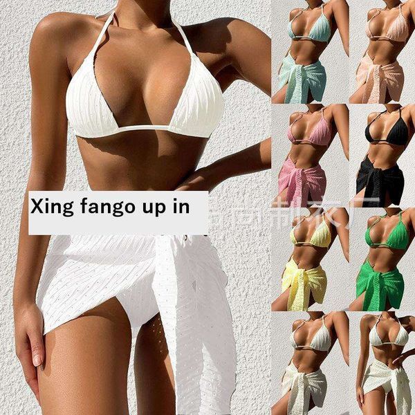 

three piece swimsuit women fabric veils split briefs bikini sexy, White;black