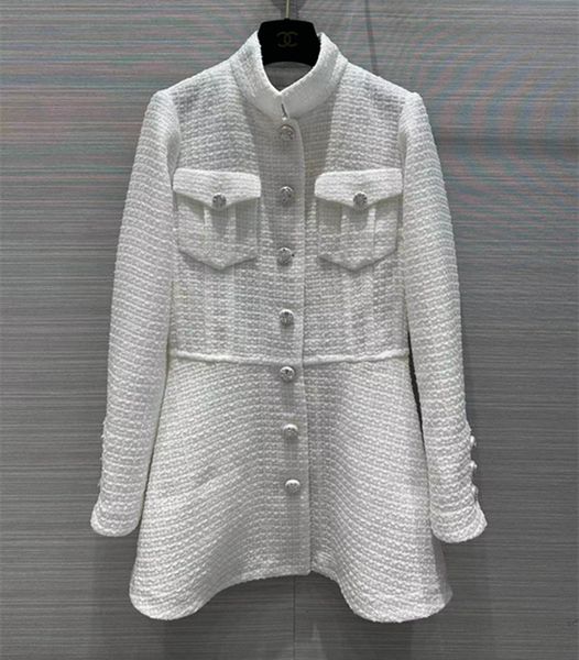 

european and american women's clothes 2023 spring new long-sleeved stand-up collar single breasted fashion white tweed coat, Black