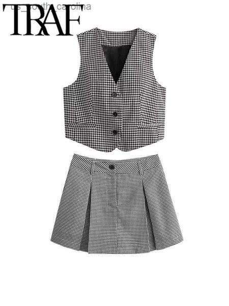 

traf shorts suits 2023 summer women fashion v neck sleeveless plaid vest crop tanks chic shorts skirts 2 piece sets female l230522, White;black