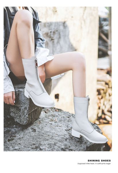 

leather high heel knee front zipper booties, Black