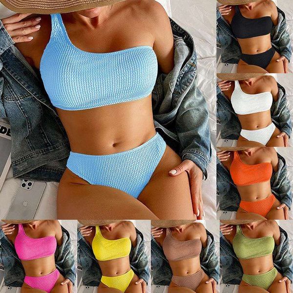 

solid color snake cloth womens swimwear one shoulder high waist bikini swimsuit for women, White;black