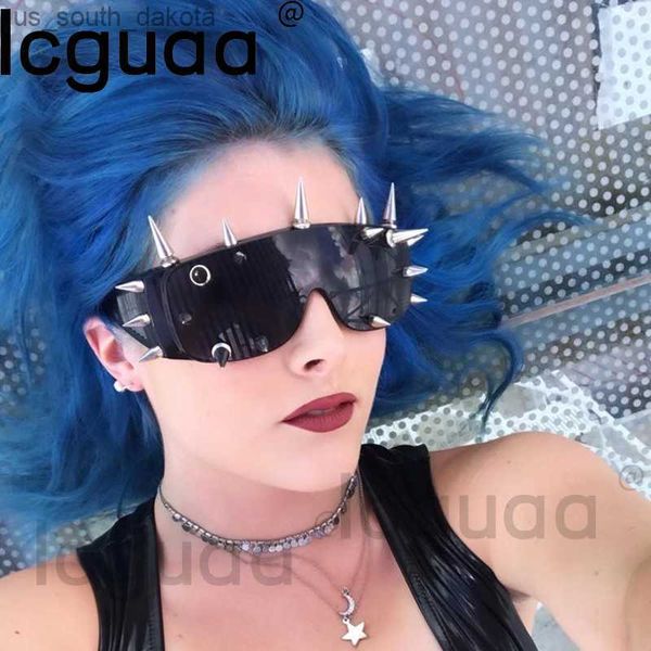 

steampunk rivet spike wild rock bar sunglasses goggles women men y2k punk sun glasses metal futuristic zonnebrillen dames 2022 l230523, White;black