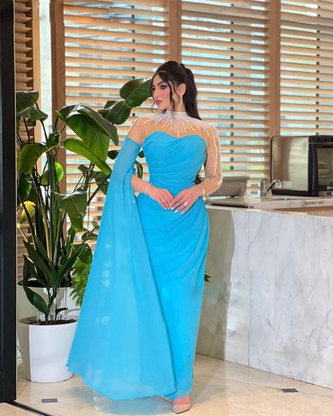 

blue chiffon prom dresses beaded long sleeves sheath evening party gown ruched sheer neck ankle length arabic dubai womens cocktail party dr, Black
