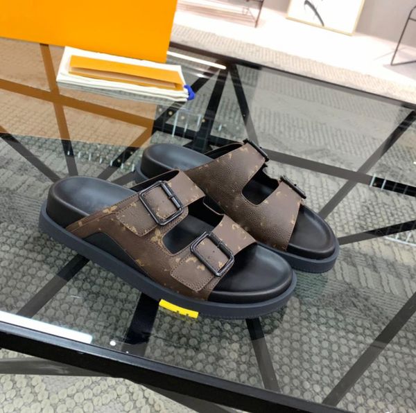 

luxury summer men trainer mule slippers metallic black suede rubber outsole beach flat flip flops two adjustable straps sandals size 38-44