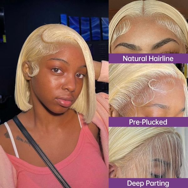 

613 straight 13x4 human hair wig 13x6 transparent lace frontal wigs remy colored 613 blonde short bob t part lace wig for women, Black;brown