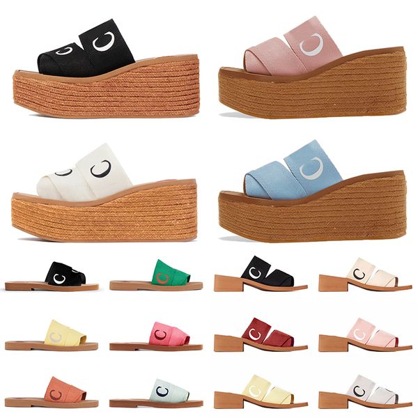 

fashion designer woody sandals espadrille wedge women flat mules slippers famous coach high heel sliders embroidered linen sandal pink loafe, Black