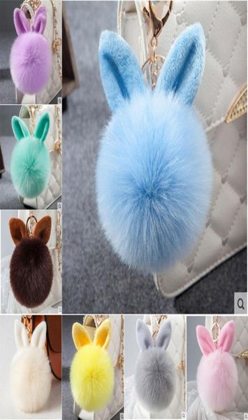 

2019 rabbit ear ball key chain fur pom pom keychains soft fluffy bag charms cute bunny keychain keyring car handbag ornament jewel9211748