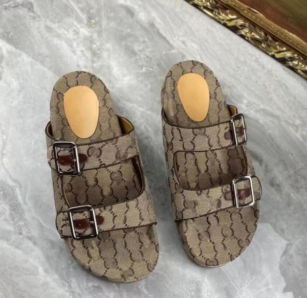 

luxury designer men canvas double g slide slippers beige ebony two straps buckles leather rubber sole beach sandals flip flops with box, Black