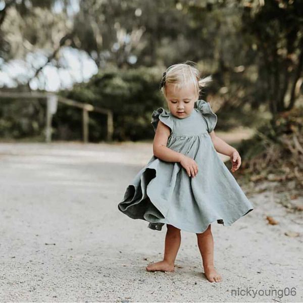 

girl's dresses girls cotton and dress solid color flying sleeves lace-up flower girl kids princess r230612, Red;yellow