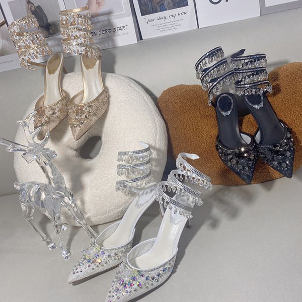 

2023 slingback white jewel chandelier snake twining elegant sandal 10cm stiletto high heel rene caovilla crystal dress shoes silver soles wo, Black