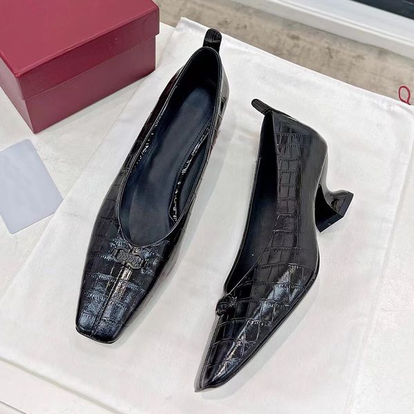

designer shoes leather shoes square toe high heels metal buckle all leather comfortable elegant fashion party shoes highlight the temperamen, Black