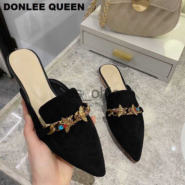 

slippers new women slippers pointed toe rubber metal chains flat slide footwear fashion casual mule shoes big size 41 42 zapatos de mujer j2, Black