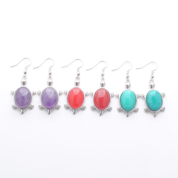 

natural stone dangle & chandelier women earrings jewelry gift chakra healing beads tortoise shaped hanging earring br338, Silver