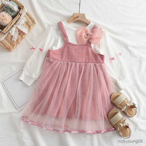

girl's dresses girls dress baby girl clothes spring autumn sets bow t-shirt strap skirt suit kids outfits r230612, Red;yellow