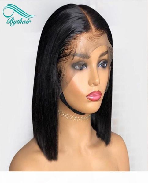 

bythair short bob straight lace front wig silky straight human hair full lace wigs for black women pre plucked hairline with baby 5104494, Black;brown