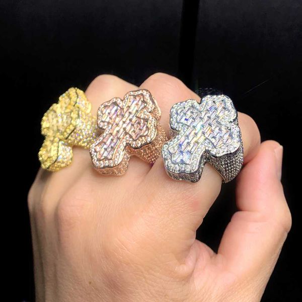 

band rings new arrive cross finger ring iced out cubic zircon prong setting cz fashion luxulry men boy hip hop jewelry j230612, Silver
