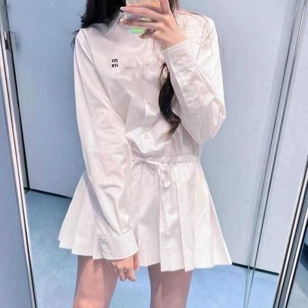 

tide brand womens designer dress summer new tie-waist white shirt dress women pleated long sleeved dresses mid-length skirt, Black;gray